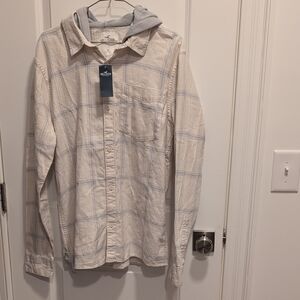 Hollister Mens Cream and Gray Flannel With Hood Size M NWT